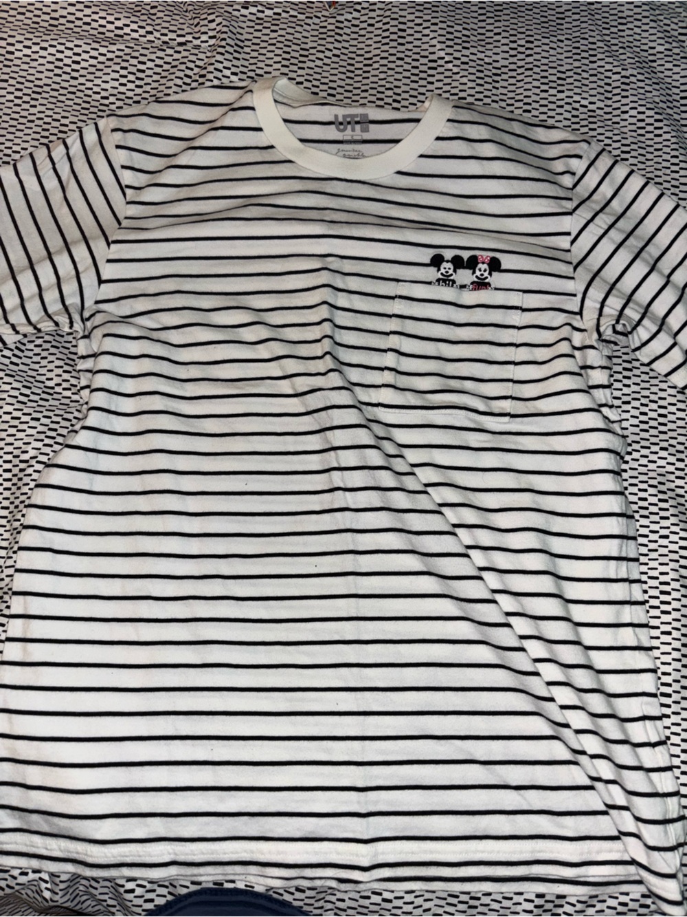 Uniqlo White and Black Striped Short-Sleeve Tee with mickey&minnie Pocket Detail